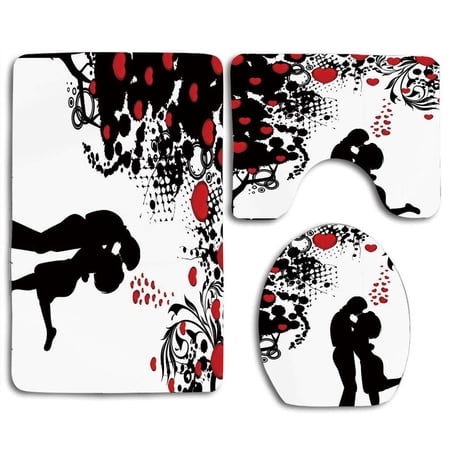 CHAPLLE Kiss Silhouette Lovers Near Abstract Tree Red Hearts Valentines Day Concept 3 Piece Bathroom Rugs Set Bath Rug Contour Mat and Toilet Lid Cover