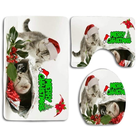 CHAPLLE Kittens Christmas Merry Cats 3 Piece Bathroom Rugs Set Bath Rug Contour Mat and Toilet Lid Cover