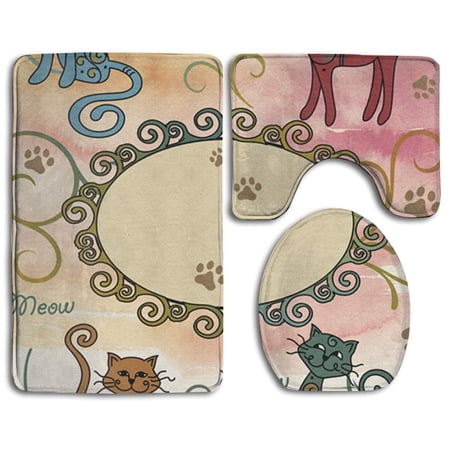 CHAPLLE Kitty Cat Pet Paw 3 Piece Bathroom Rugs Set Bath Rug Contour Mat and Toilet Lid Cover