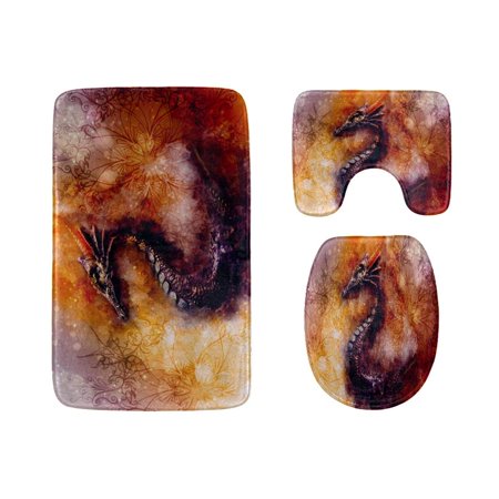 CHAPLLE Knights and Dragons in Magic Landscapes 3 Piece Bathroom Rugs Set Bath Rug Contour Mat and Toilet Lid Cover