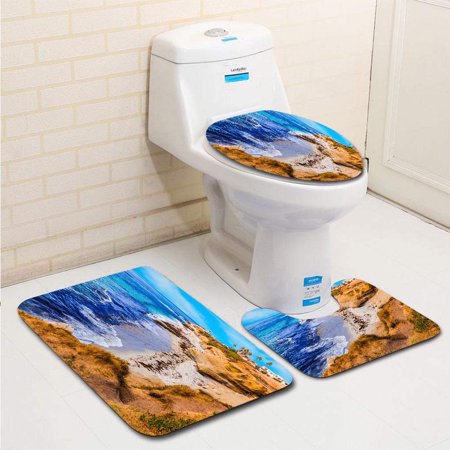 CHAPLLE La Jolla Coastline in Southern California San Diego P 3 Piece Bathroom Rugs Set Bath Rug Contour Mat and Toilet Lid Cover