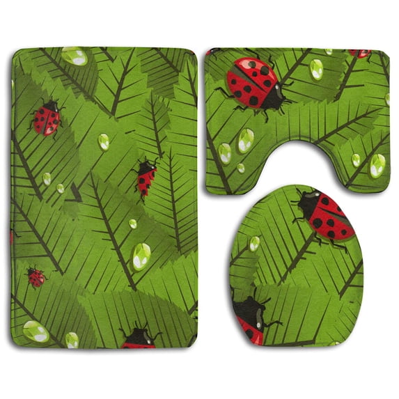 CHAPLLE Ladybug On Leaf 3 Piece Bathroom Rugs Set Bath Rug Contour Mat and Toilet Lid Cover