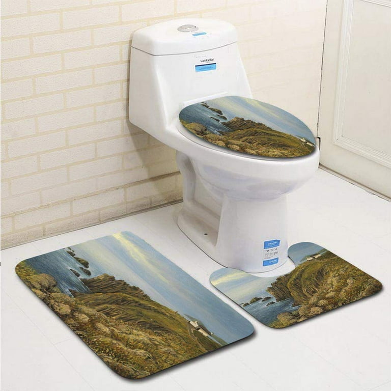 CHAPLLE Lands End in Cornwall 3 Piece Bathroom Rugs Set Bath Rug Contour Mat  and Toilet Lid Cover 