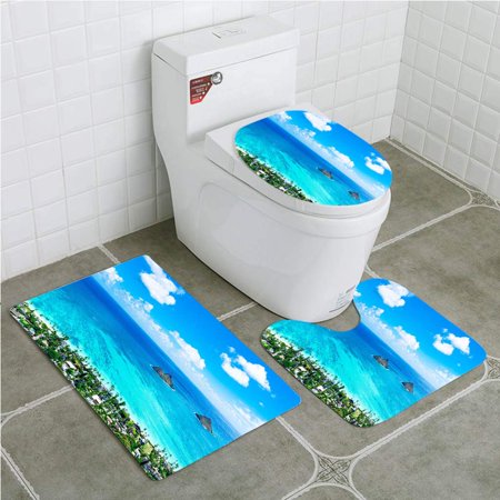 CHAPLLE Lanikai Beach as seen from Above in Kailua Oahu Hawaii 3 Piece Bathroom Rugs Set Bath Rug Contour Mat and Toilet Lid Cover