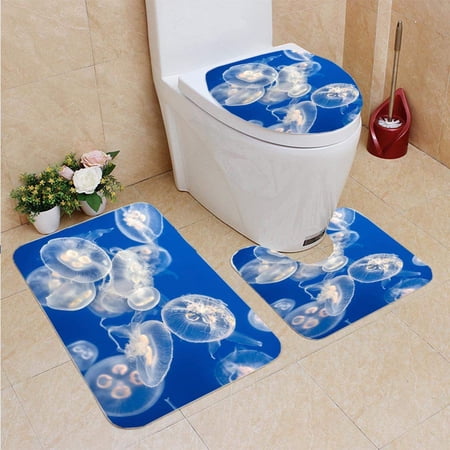 CHAPLLE Large Amount Jelly Fish Floating in Water 3 Piece Bathroom Rugs Set Bath Rug Contour Mat and Toilet Lid Cover