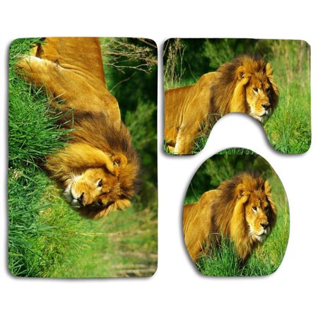 CHAPLLE Leo Lion 3 Piece Bathroom Rugs Set Bath Rug Contour Mat and Toilet Lid Cover