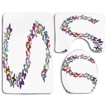 CHAPLLE Letter S Capital Letter S Consisting Various Colored Shaped Butterflies Exotic 3 Piece Bathroom Rugs Set Bath Rug Contour Mat and Toilet Lid Cover