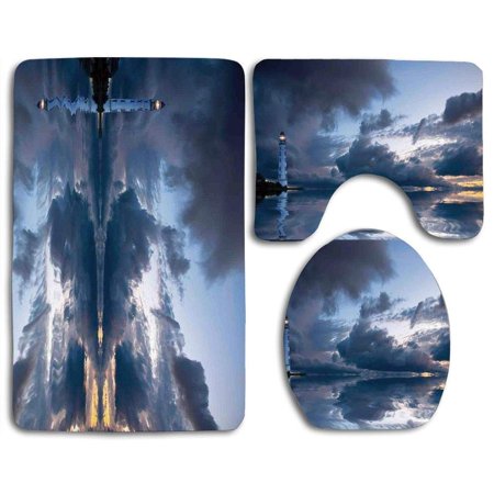 CHAPLLE Lighthouse Lighthouse Sailing Dark Clouds Reflection on Atlantic Ccean Rainy Weather Shadow 3 Piece Bathroom Rugs Set Bath Rug Contour Mat and Toilet Lid Cover