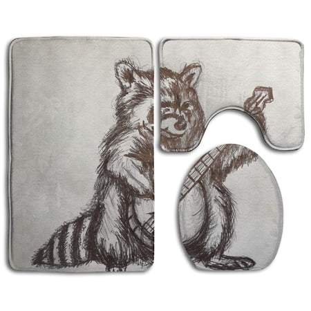 CHAPLLE Little Gray Raccoon Plays Guitar 3 Piece Bathroom Rugs Set Bath Rug Contour Mat and Toilet Lid Cover