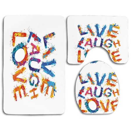 CHAPLLE Live Laugh Love Watercolor Splash Paint Art Letters Joyous Delirious Grunge Quotation 3 Piece Bathroom Rugs Set Bath Rug Contour Mat and Toilet Lid Cover