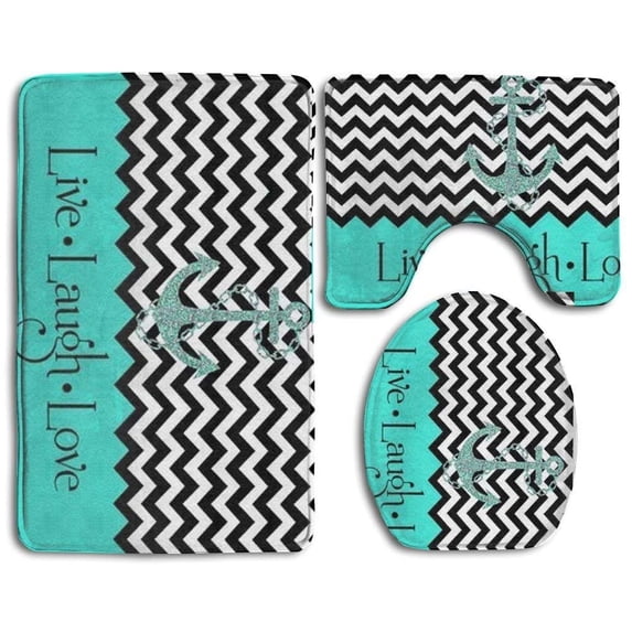 CHAPLLE Live Love Laugh in Turquoise Colorblock Chevron Anchor 3 Piece Bathroom Rugs Set Bath Rug Contour Mat and Toilet Lid Cover
