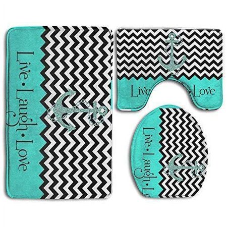 CHAPLLE Live Love Laugh in Turquoise Colorblock Chevron Anchor 3 Piece Bathroom Rugs Set Bath Rug Contour Mat and Toilet Lid Cover