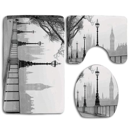 CHAPLLE London Big Ben from Walking Way By Thames River Lanterns Under Rain 3 Piece Bathroom Rugs Set Bath Rug Contour Mat and Toilet Lid Cover