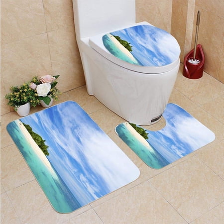 CHAPLLE Lonely Tropical Island in Caribbean 3 Piece Bathroom Rugs Set Bath Rug Contour Mat and Toilet Lid Cover