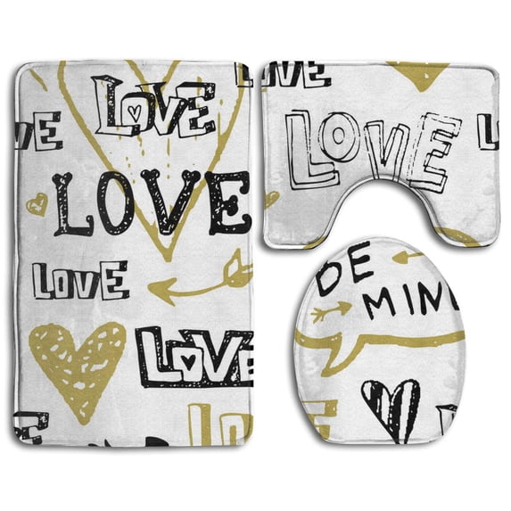 CHAPLLE Love Patterns 3 Piece Bathroom Rugs Set Bath Rug Contour Mat and Toilet Lid Cover