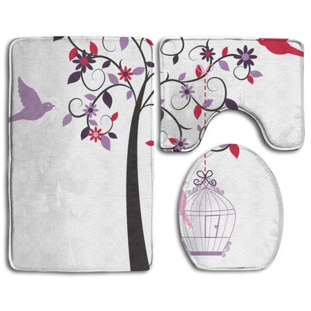 CHAPLLE Love Tree Cute Bird 3 Piece Bathroom Rugs Set Bath Rug Contour Mat and Toilet Lid Cover