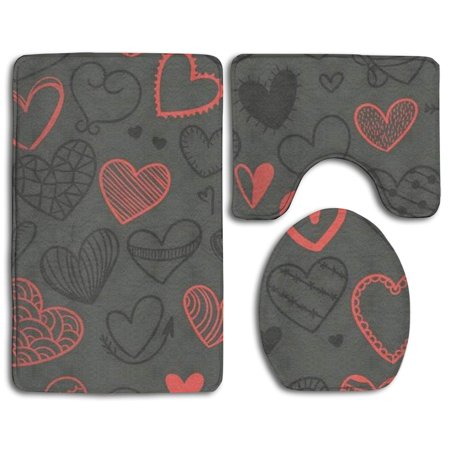 CHAPLLE Lovehearts 3 Piece Bathroom Rugs Set Bath Rug Contour Mat and Toilet Lid Cover