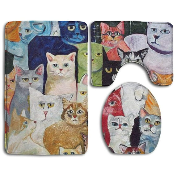CHAPLLE Lovely Cat 3 Piece Bathroom Rugs Set Bath Rug Contour Mat and Toilet Lid Cover