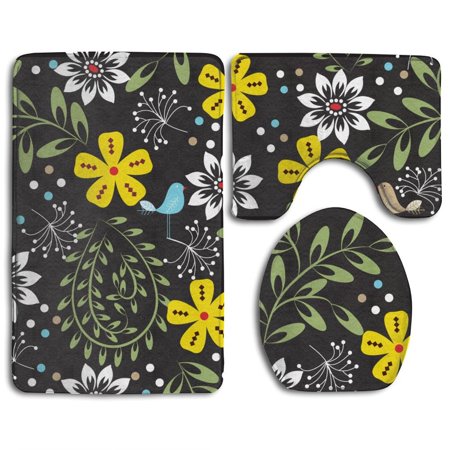 CHAPLLE Lovely Floral 3 Piece Bathroom Rugs Set Bath Rug Contour Mat and Toilet Lid Cover