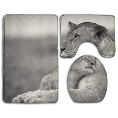CHAPLLE Lovely Lions 3 Piece Bathroom Rugs Set Bath Rug Contour Mat and Toilet Lid Cover