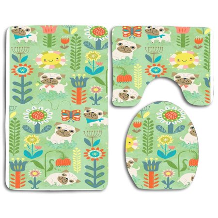 CHAPLLE Lovely Spring Pugs Flowers 3 Piece Bathroom Rugs Set Bath Rug Contour Mat and Toilet Lid Cover