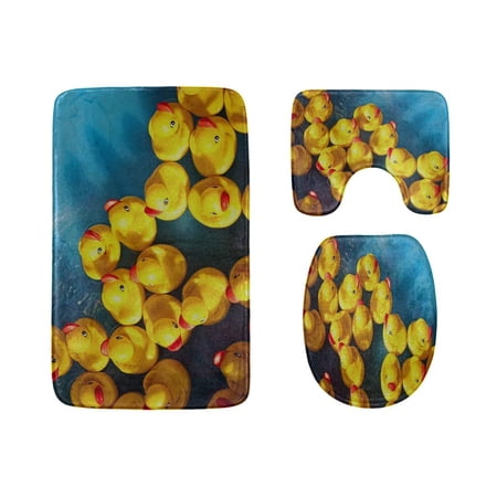 CHAPLLE Lovely Yellow Rubber Duck 3 Piece Bathroom Rugs Set Bath Rug Contour Mat and Toilet Lid Cover