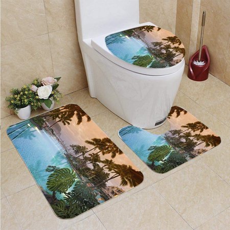 CHAPLLE Luxurious Hawaiian 5 Star Resort 3 Piece Bathroom Rugs Set Bath Rug Contour Mat and Toilet Lid Cover
