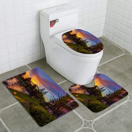 CHAPLLE Luxury Europe style house village near beautiful environmental garden and pond 3 Piece Bathroom Rugs Set Bath Rug Contour Mat and Toilet Lid Cover