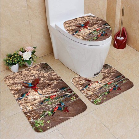 CHAPLLE Macaw Clay Lick 3 Piece Bathroom Rugs Set Bath Rug Contour Mat and Toilet Lid Cover