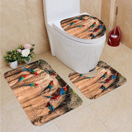 CHAPLLE Macaws in Peruvian Amazon Jungle at Madre de Dios 3 Piece Bathroom Rugs Set Bath Rug Contour Mat and Toilet Lid Cover