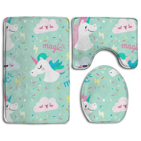 CHAPLLE Magic Unicorn Mint Green 3 Piece Bathroom Rugs Set Bath Rug Contour Mat and Toilet Lid Cover