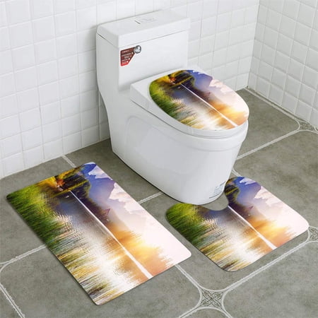 CHAPLLE Majestic Mountain Lake in National Park High Tatra 3 Piece Bathroom Rugs Set Bath Rug Contour Mat and Toilet Lid Cover