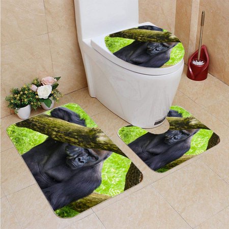 CHAPLLE Male Gorilla Leaning a Tree 3 Piece Bathroom Rugs Set Bath Rug Contour Mat and Toilet Lid Cover
