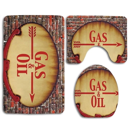 CHAPLLE Man Cave a Rusty Old Retro Arrow Sign Text Gas and Oil Fuel Station 3 Piece Bathroom Rugs Set Bath Rug Contour Mat and Toilet Lid Cover