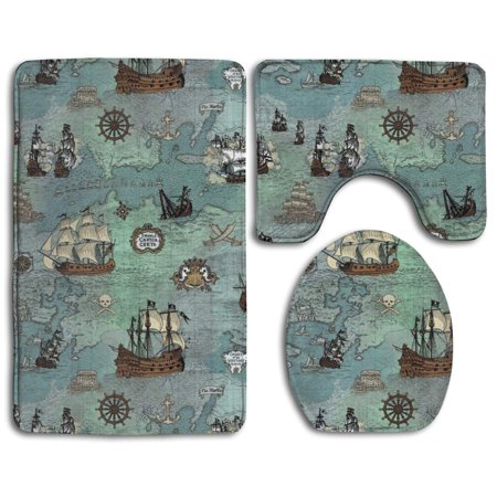 CHAPLLE Map Pirate Ships Map 3 Piece Bathroom Rugs Set Bath Rug Contour Mat and Toilet Lid Cover