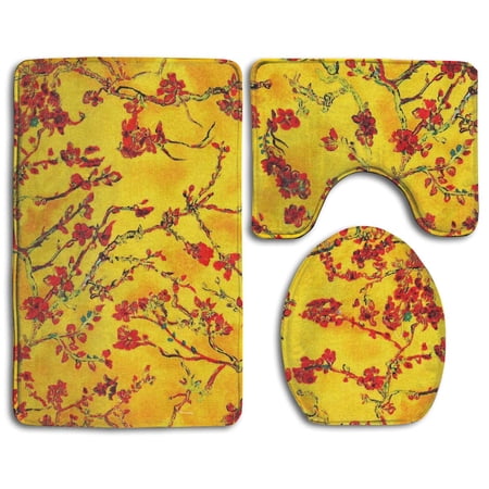 CHAPLLE Marble Safflower Yellow 3 Piece Bathroom Rugs Set Bath Rug Contour Mat and Toilet Lid Cover