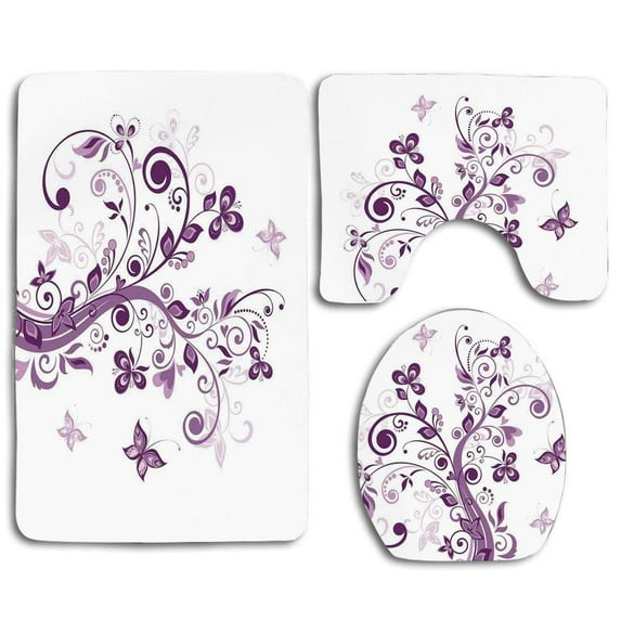 CHAPLLE Mauve Tree Swirled Branches and Flowers Leaf Butterfly Bridal Inspirations Theme 3 Piece Bathroom Rugs Set Bath Rug Contour Mat and Toilet Lid Cover