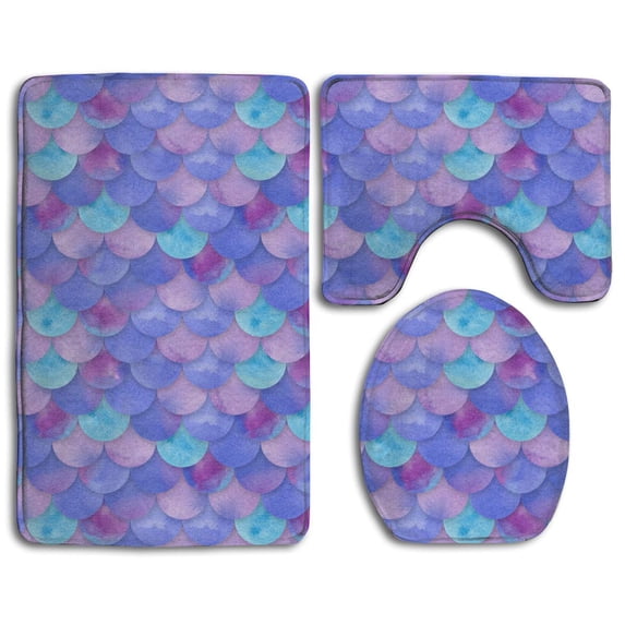 CHAPLLE Mermaid Fish Scales Purple 3 Piece Bathroom Rugs Set Bath Rug Contour Mat and Toilet Lid Cover