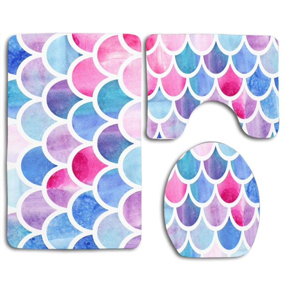 CHAPLLE Mermaid Scales 3 Piece Bathroom Rugs Set Bath Rug Contour Mat and Toilet Lid Cover