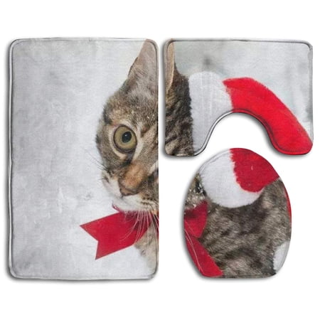 CHAPLLE Merry Christmas Cat 3 Piece Bathroom Rugs Set Bath Rug Contour Mat and Toilet Lid Cover
