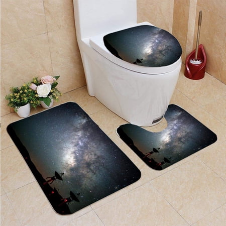 CHAPLLE Milky Way Galaxy Over Satellite Receiving Station 3 Piece Bathroom Rugs Set Bath Rug Contour Mat and Toilet Lid Cover
