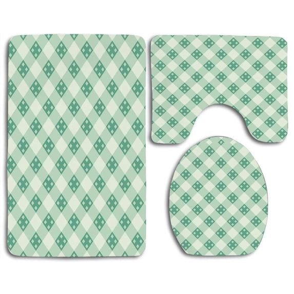 CHAPLLE Mint Old Fashion Striped Geometrical Details Checkered Simple Tile 3 Piece Bathroom Rugs Set Bath Rug Contour Mat and Toilet Lid Cover