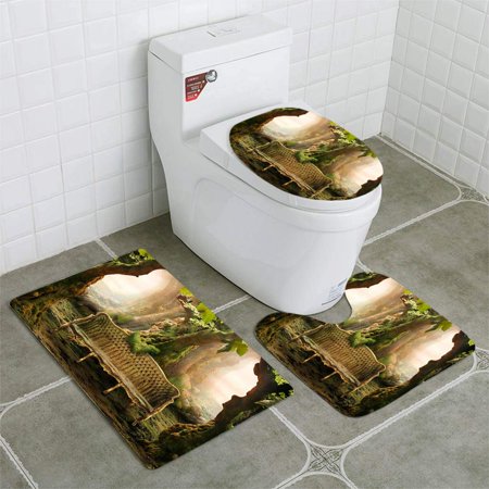 CHAPLLE Misty Romantic Forest Landscape Antique Sofa 3 Piece Bathroom Rugs Set Bath Rug Contour Mat and Toilet Lid Cover