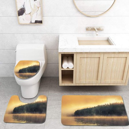 CHAPLLE Misty Sunrise Morning Fog on Lake 3 Piece Bathroom Rugs Set Bath Rug Contour Mat and Toilet Lid Cover