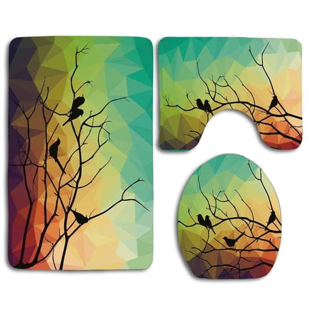 CHAPLLE Modern Birds on Branch Geometrical Abstract Rainbow Colored Sharp Lined Backdrop 3 Piece Bathroom Rugs Set Bath Rug Contour Mat and Toilet Lid Cover