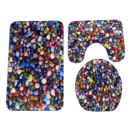 CHAPLLE Modern Colorful Cobblestone 3 Piece Bathroom Rugs Set Bath Rug Contour Mat and Toilet Lid Cover