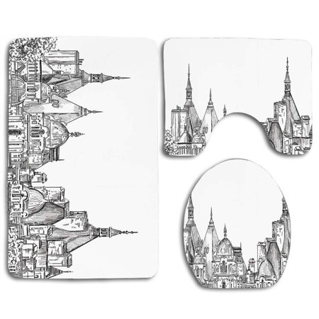CHAPLLE Modern European City Landscape Sketchy Artistic Painting Landsmarks 3 Piece Bathroom Rugs Set Bath Rug Contour Mat and Toilet Lid Cover