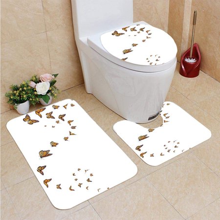 CHAPLLE Monarch Butterflies in Motion 3 Piece Bathroom Rugs Set Bath Rug Contour Mat and Toilet Lid Cover