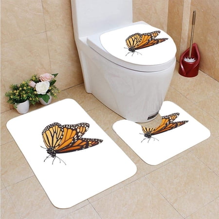 CHAPLLE Monarch Butterfly 3 Piece Bathroom Rugs Set Bath Rug Contour Mat and Toilet Lid Cover
