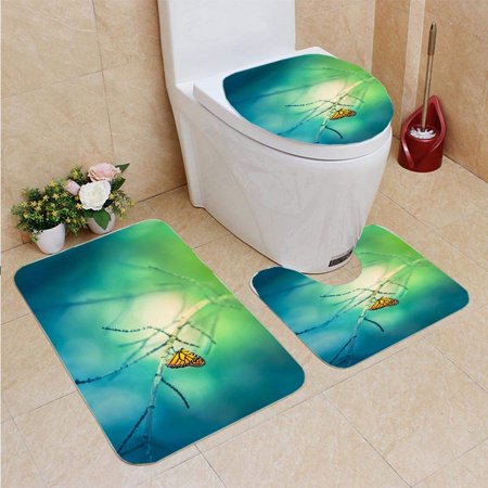 CHAPLLE Monarch Butterfly Tree Branch Bokeh 3 Piece Bathroom Rugs Set Bath Rug Contour Mat and Toilet Lid Cover